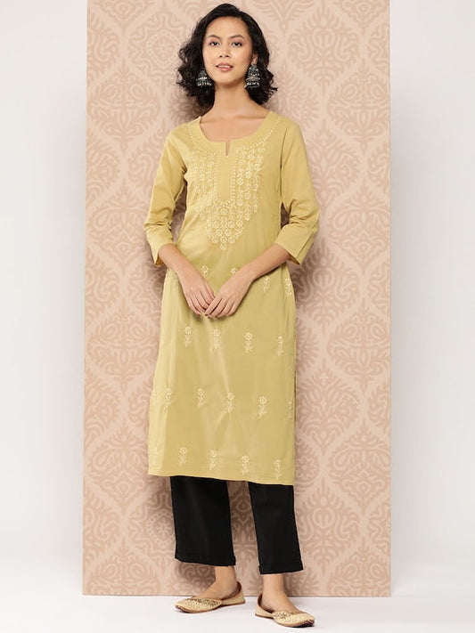 Yufta Floral Embroidered Chikankari Cotton Kurta