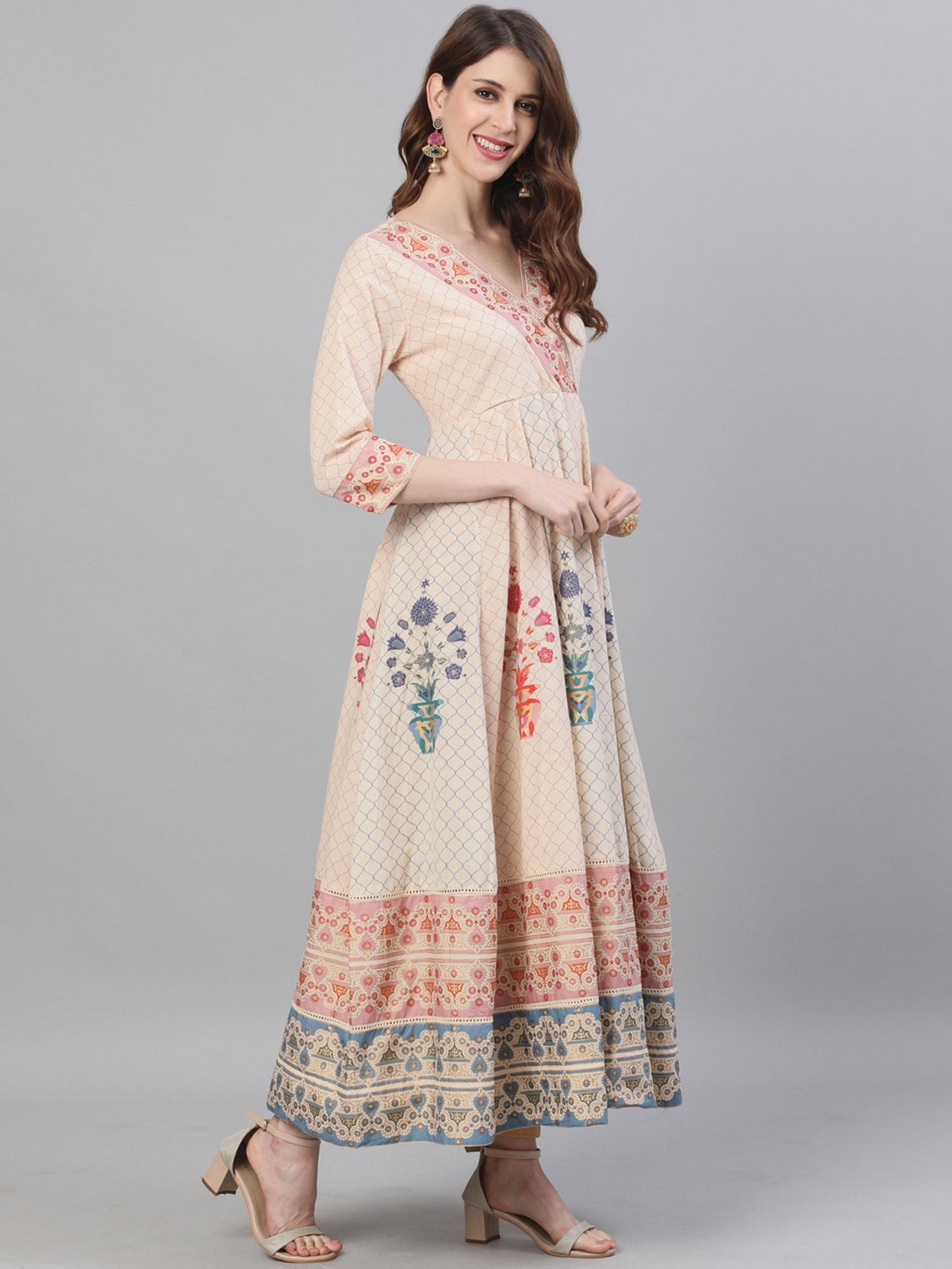 ISHIN Women Cotton Beige Foil Printed Anarkali Kurta with Dupatta (Set of 2)