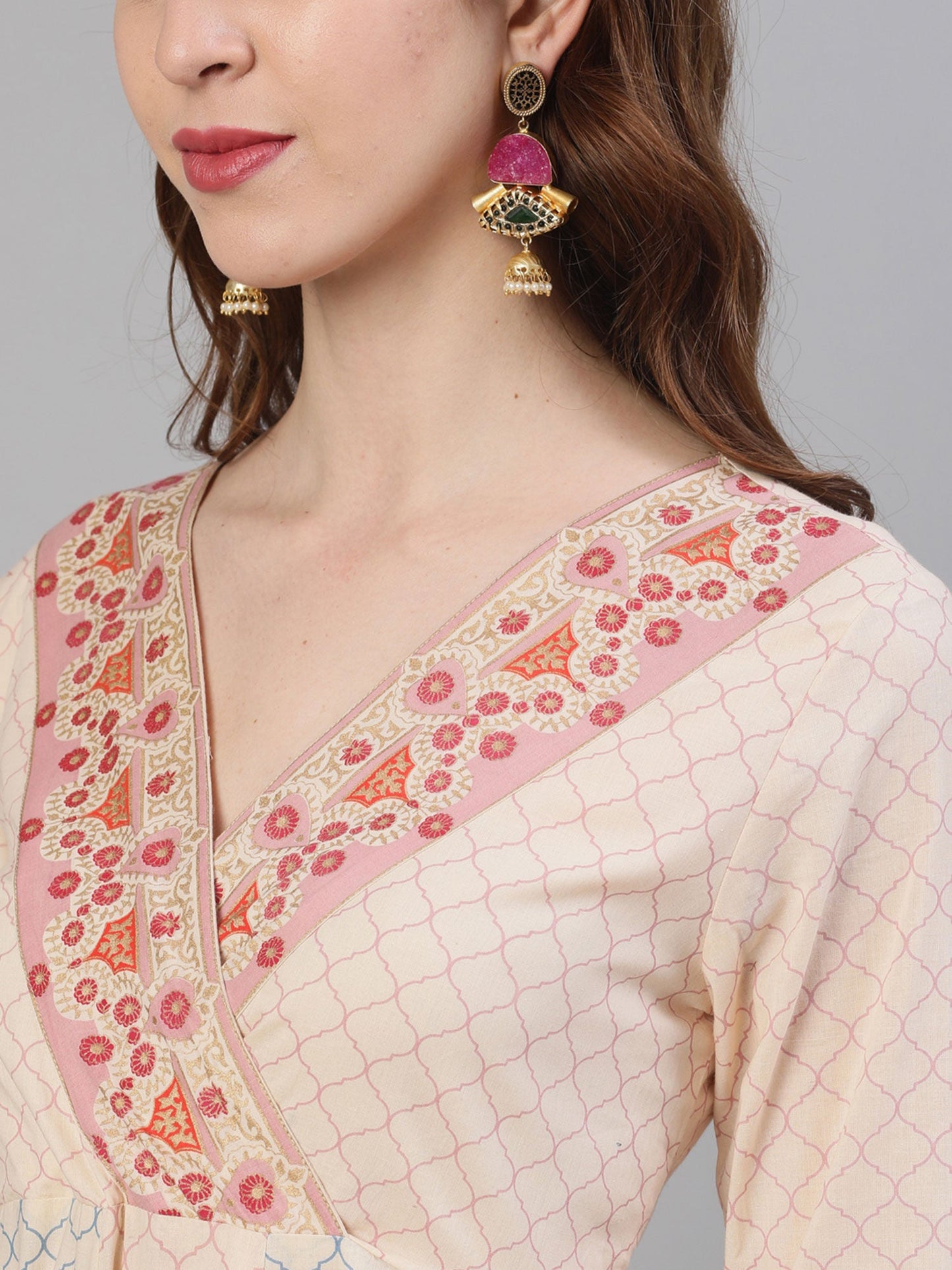 ISHIN Women Cotton Beige Foil Printed Anarkali Kurta with Dupatta (Set of 2)