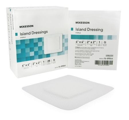 Mckesson Adhesive Island Dressing: 25 Count, White, 2" x 2" (Pad), 4" x 4"