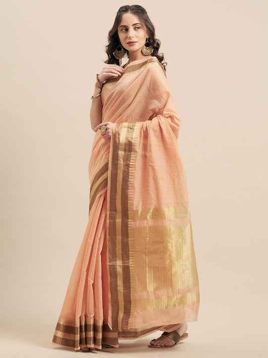 Mitera Peach-Coloured Checked Silk Cotton Saree