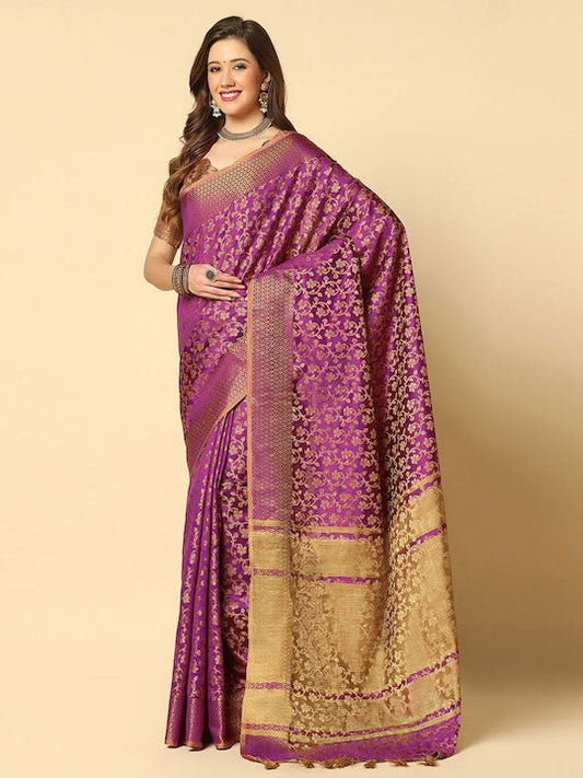 Satrani Purple & Gold-Toned Floral Woven Design Zari Silk Cotton Banarasi Saree