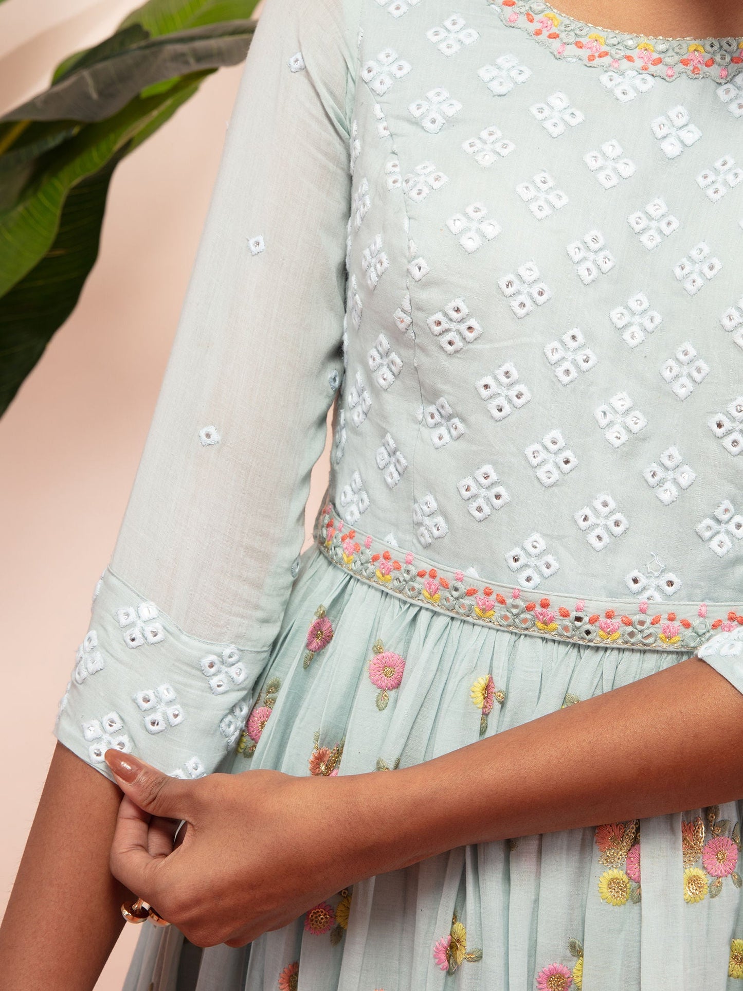 Likha Filigree Light Blue Mirror Work Kurta, Pant, Dupatta & Belt LIKSKD114 (Set of 4)