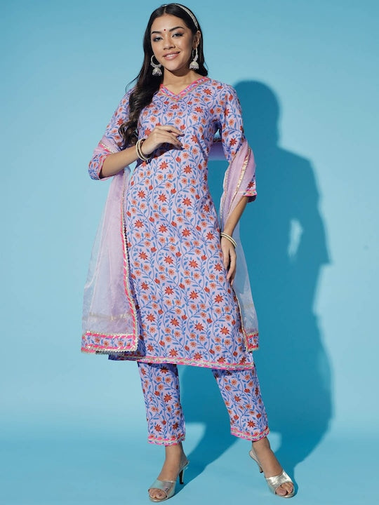 Myshka Floral Printed Regular Gotta Patti Kurti with Trouser & Dupatta