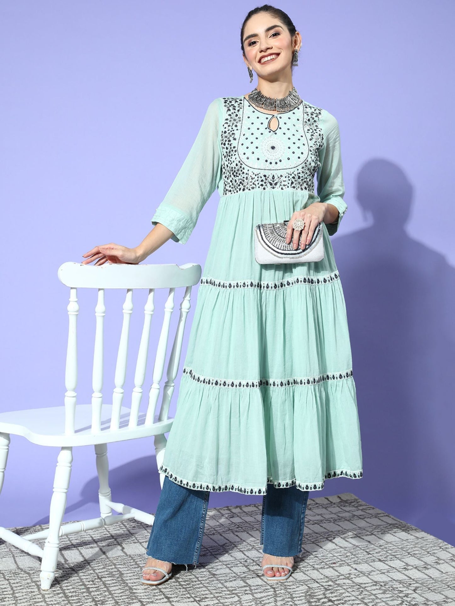 ISHIN Womens Green Embroidered Anarkali Kurta