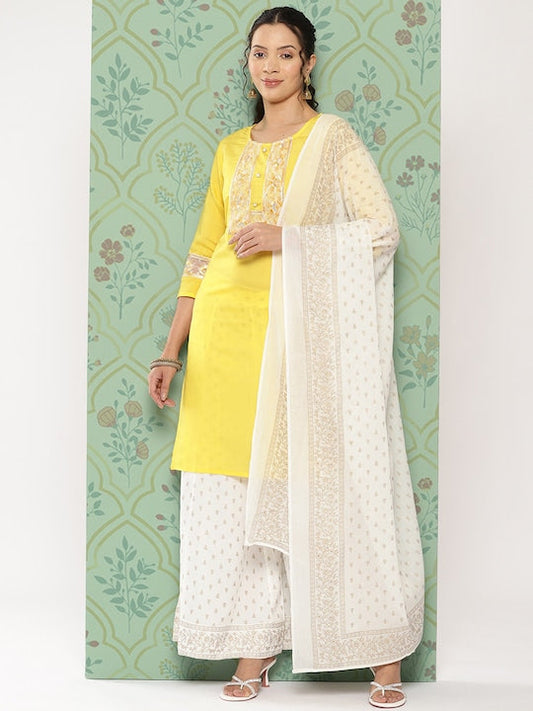 Yufta Women Floral Embroidered Regular Sequinned Kurta with Palazzos & With Dupatta