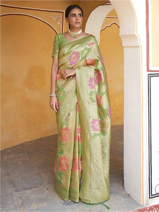 Janasya Floral Woven Design Zari Chanderi Saree