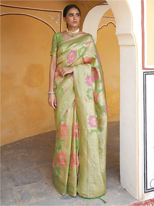 Janasya Floral Woven Design Zari Chanderi Saree