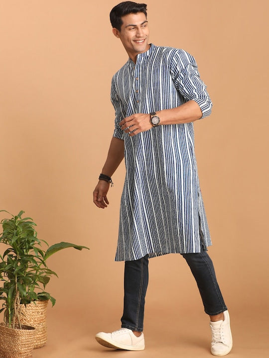 Vastramay Striped Mandarin Collar Pure Cotton Kurta