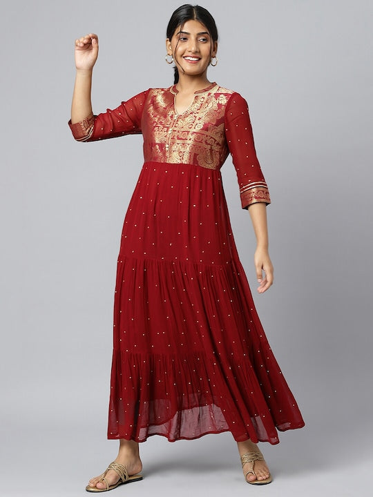 Aurelia Maroon & Gold Printed Ethnic Motifs Maxi Dress