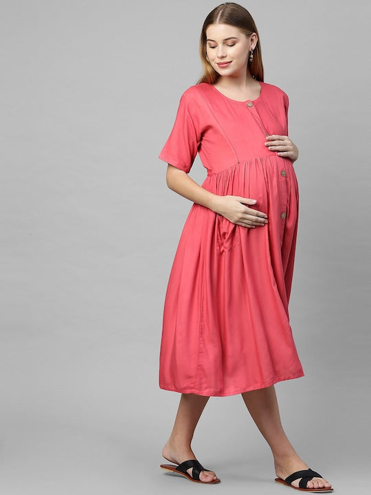 MomToBe Peach-Coloured Solid Maternity Nursing A-Line Midi Dress
