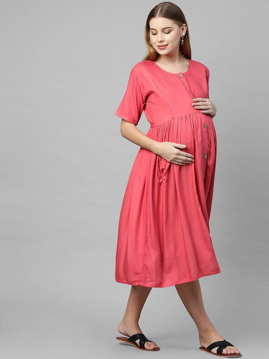MomToBe Peach-Coloured Solid Maternity Nursing A-Line Midi Dress
