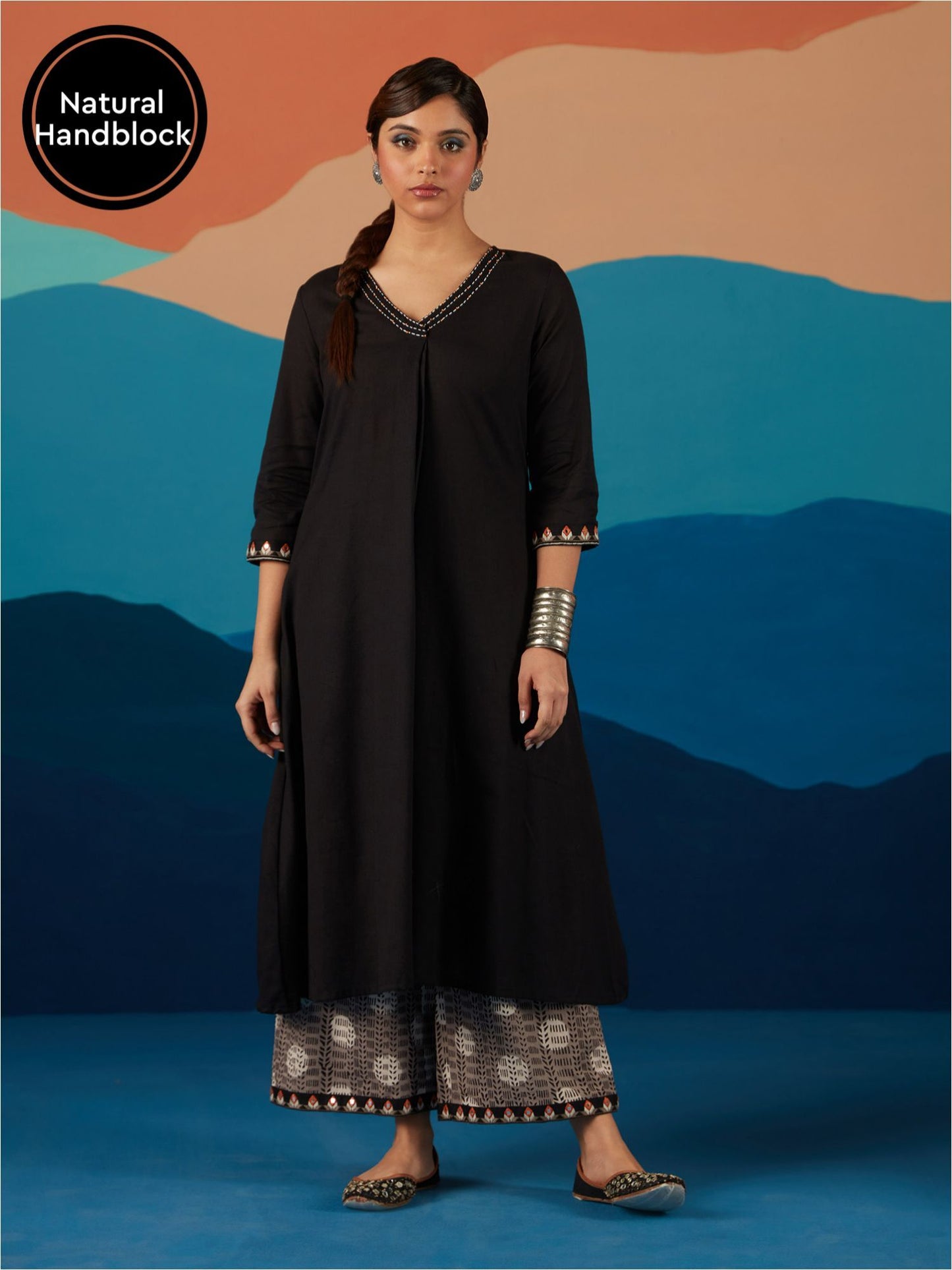 Likha Black Indigo Saga Hand block print Co-ord Set With Scarf LIKSKD196 (Set of 4) - L