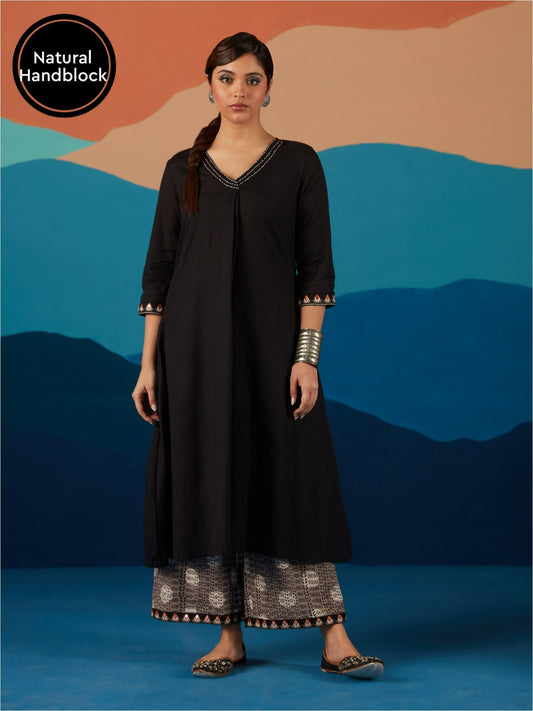 Likha Black Indigo Saga Hand block print Co-ord Set With Scarf LIKSKD196 (Set of 4) - L