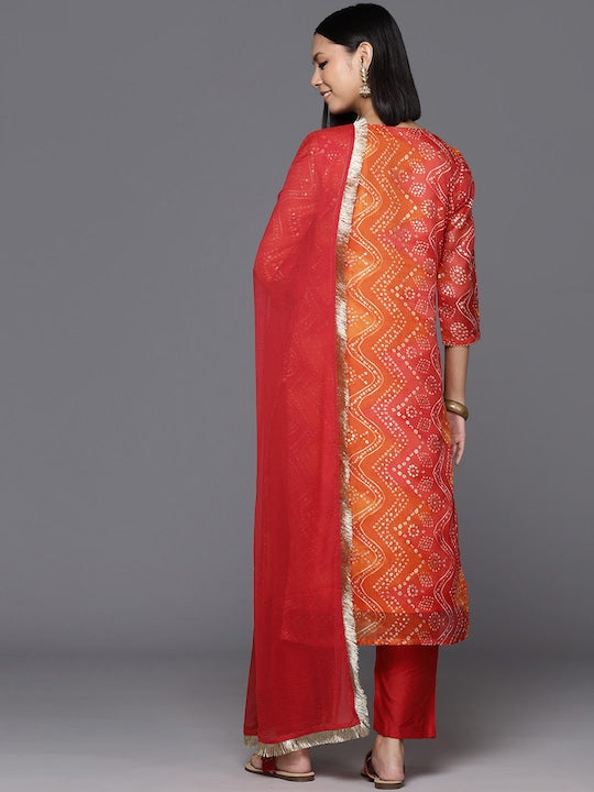 Varanga Women Bandhani Printed Kurta With Trousers & Dupatta