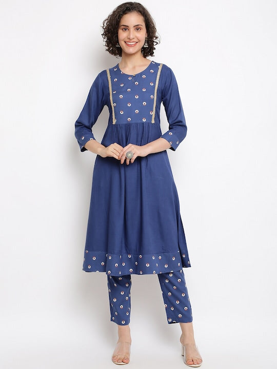 IMARA Floral Printed Keyhole Neck Gotta Patti Pleated A-Line Kurta with Trousers