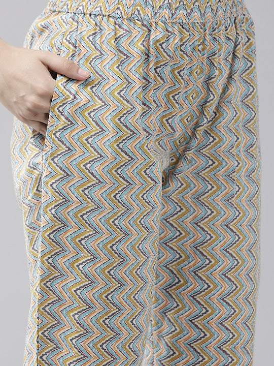 Yufta Women Floral Printed Beads & Stones Pure Cotton Kurta with Trousers & With Dupatta