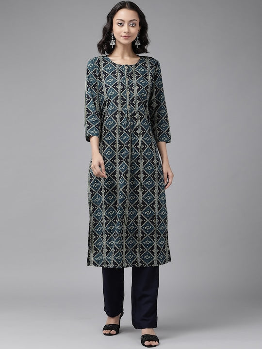 Yufta Women Teal Printed High Slit Pure Cotton Kurti with Trousers