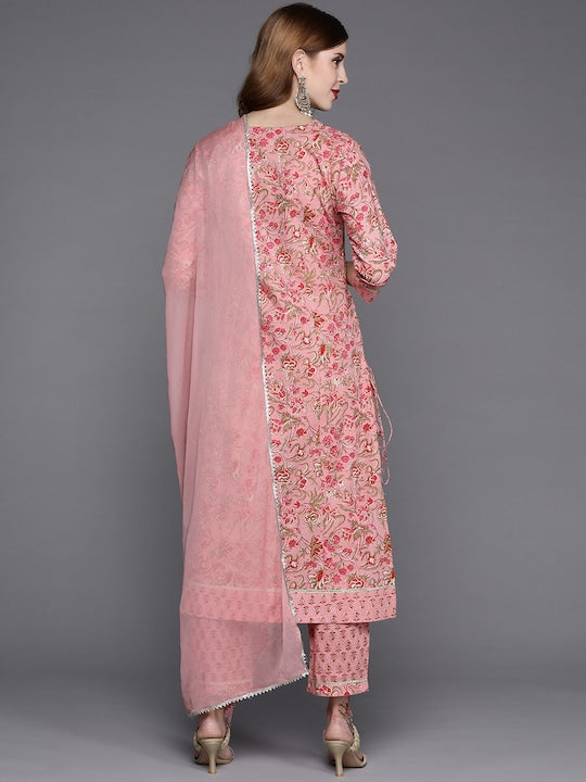 Varanga Women Pink Printed Gotta Patti Pure Cotton Kurta with Trousers & Dupatta