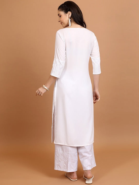 Vishudh White Floral Embroidered Straight Kurta