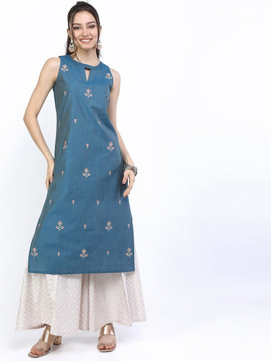 Vishudh Women Teal Ethnic Motifs Embroidered Kurta with Palazzos