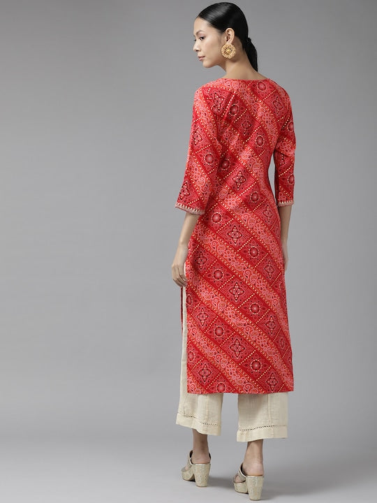 Yufta Women Red Bandhani Printed Gotta Patti Kurta