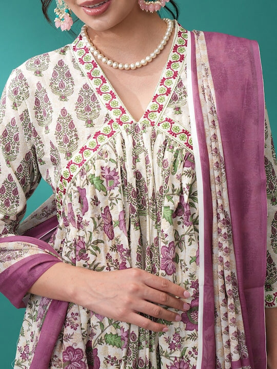 Vishudh Floral Printed Empire Anarkali Kurta with Trousers & Dupatta