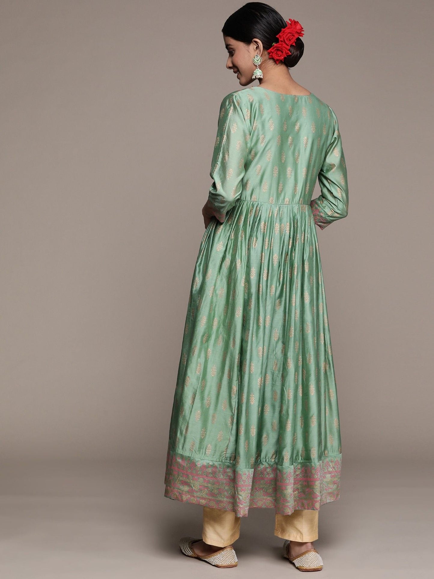 ISHIN Womens Silk Blend Mint Green Embellished Anarkali Kurta