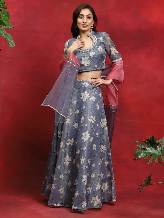 AKS Floral Printed Scoop Neck Ready to Wear Lehenga & Blouse With Dupatta