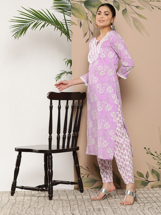 Yufta Ethnic Motifs Printed Pure Cotton Kurta With Trousers & With Dupatta - S