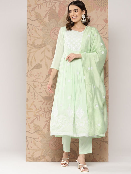 Yufta Women Floral Embroidered Pleated Thread Work Kurta with Trousers & With Dupatta