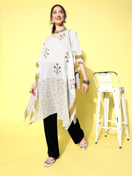 Yufta Floral Printed Flared Sleeves Sequinned Kaftan Kurta