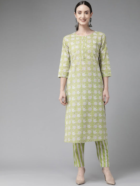 Yufta Women Green Ethnic Motifs Printed Sequinned Pure Cotton Kurta with Trousers