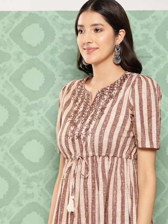 All about you Vertically Striped Embroidered Detail Pure Cotton Tiered A-Line Dress
