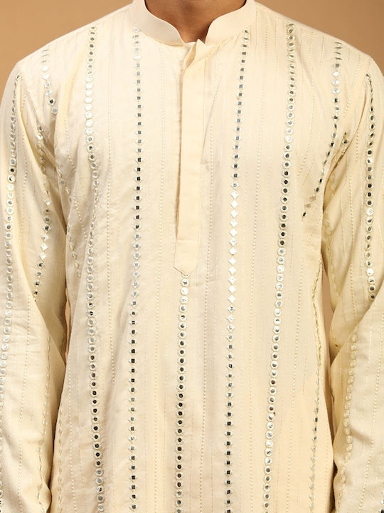Vastramay Men Cream-Coloured Mirror Work Kurta with Patiala & Dupatta