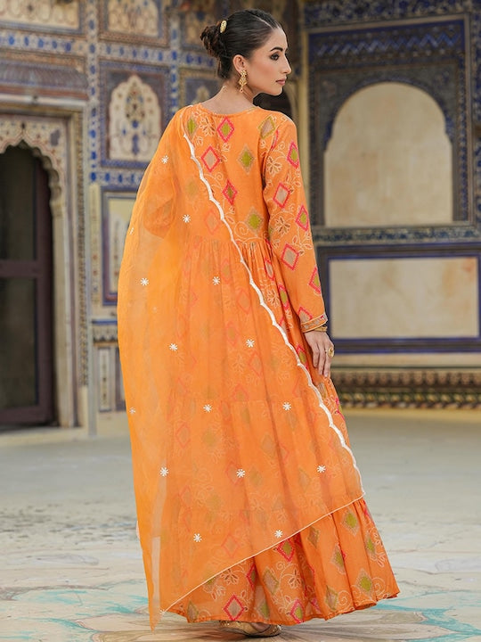 ScakhiI Bandhani Printed V-Neck Gathered Maxi Ethnic Dress With Dupatta