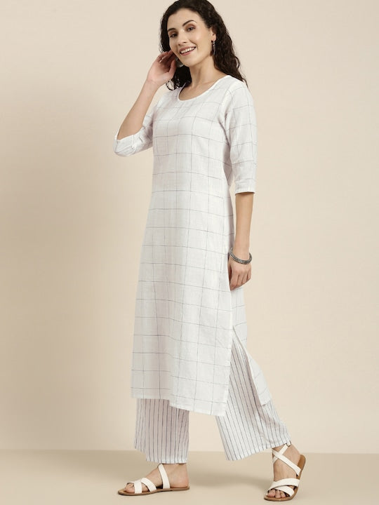Vishudh Women Off-White & Black Checked Straight Kurta With Striped Palazzos