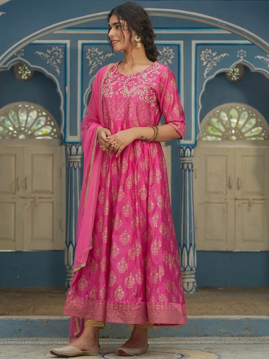 Juniper Women Pink Ethnic Motifs Embroidered Silk Anarkali Kurta