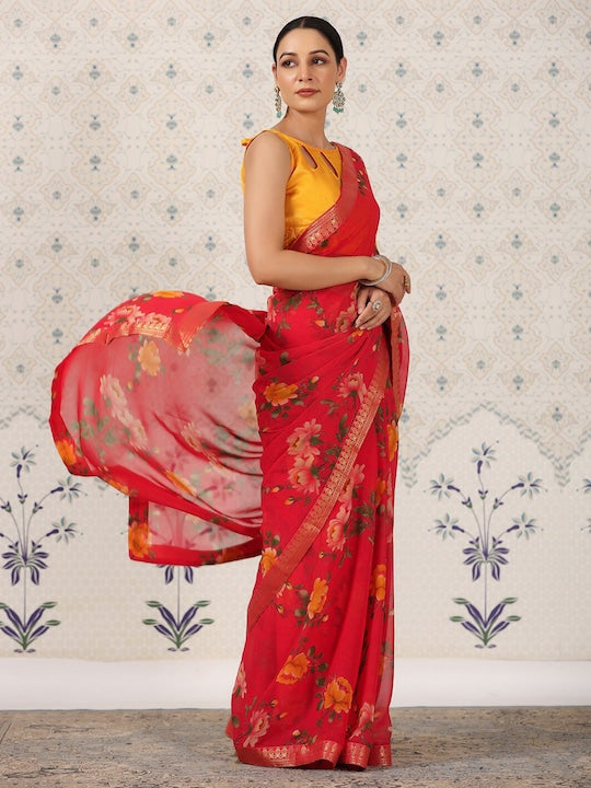 House of Pataudi Red & Yellow Floral Printed Zari Poly Georgette Saree