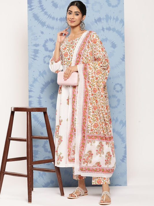 Yufta Floral Printed Regular Pure Cotton Kurta with Trousers & With Dupatta White
