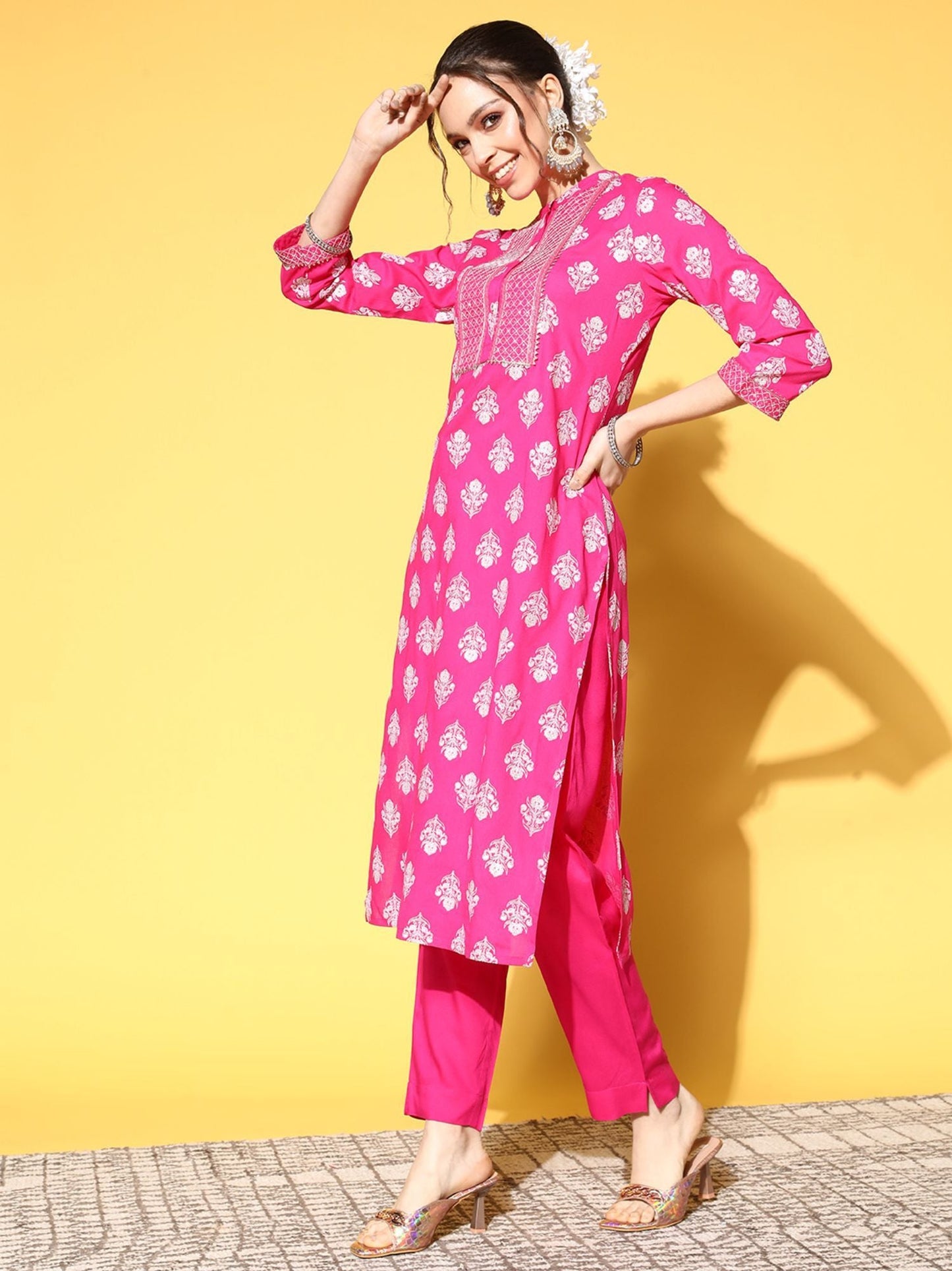 ISHIN Womens Cotton Pink Embroidered A-Line Kurta Trouser Dupatta (Set of 3)