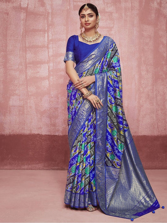 Satrani Blue & Green Ethnic Motifs Printed Zari Pure Silk Sungudi Saree