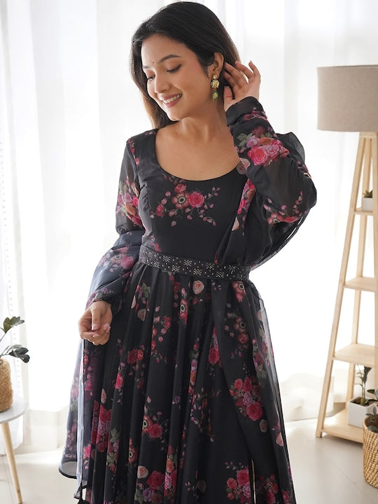 Fusionic Floral Printed Silk Gown Ethnic Dress With Dupatta
