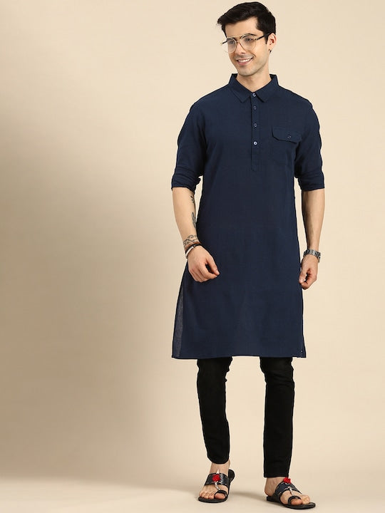 Anouk Men Navy Blue Solid Straight Kurta