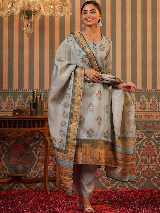 Scakhi Floral Printed Sequinned Kurta With Trousers & Dupatta