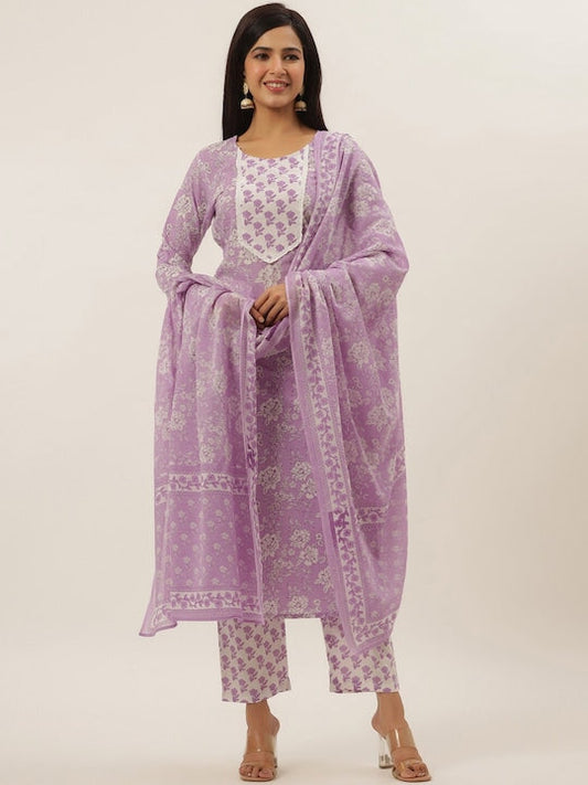 Yufta Women Lavender Printed Pleated Pure Cotton Kurta with Trousers & With Dupatta - S