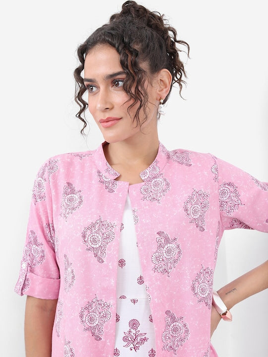 Vishudh Floral Print A-Line Midi Dress With Jacket