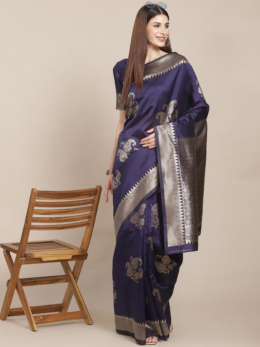 KSUT (House of Varanga) Navy Blue Woven Design Banarasi Silk Saree With Blouse Piece