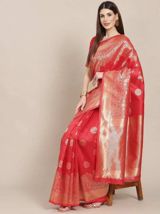 KSUT (House of Varanga) Red Woven Design Banarasi Silk Saree With Blouse Piece