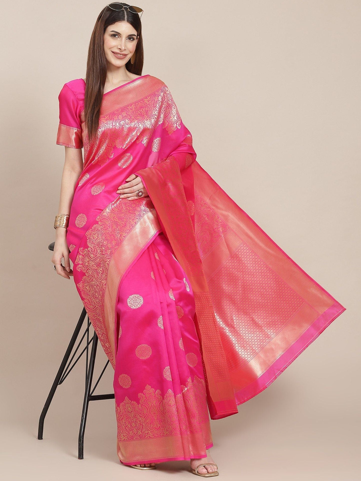 KSUT (House of Varanga) Pink Woven Design Banarasi Silk Saree With Blouse Piece
